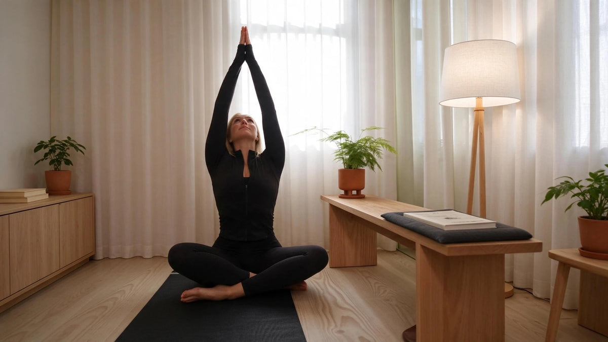 Woman stretching on a yoga mat in a calm, sunlit room